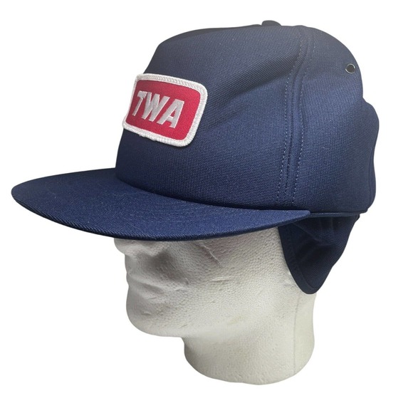 Vtg TWA Groundcrew Hat Cap Blue Snapback All Foam Ear Flaps Patch Made In USA - Picture 6 of 6